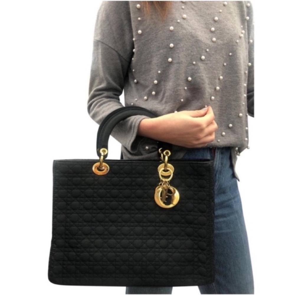 Authentic Christian Dior Lady Dior bag black nylon canvas gold DIOR medium